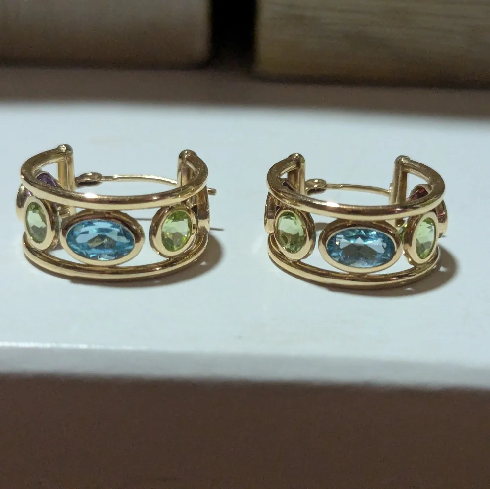 Sold ♥️14k Yellow Gold Amethyst Peridot Blue Topaz Multi-Gemstone Hoop Earrings - Picture 5 of 16